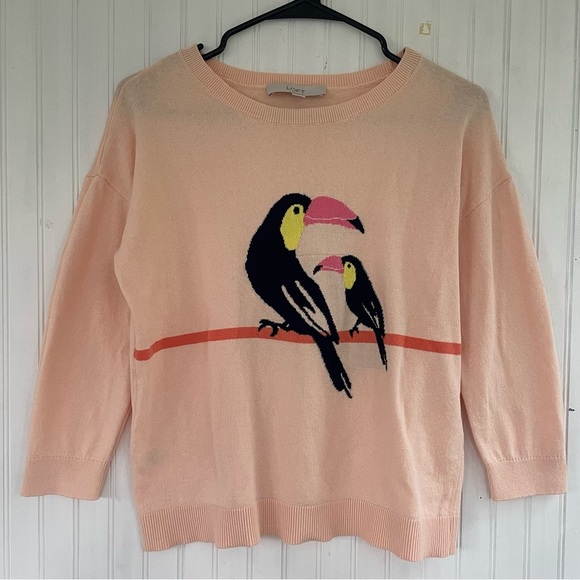 LOFT Women's Peach Orange Parrot Macaw Tropical Long Sleeve Sweater Size Small - Picture 1 of 7